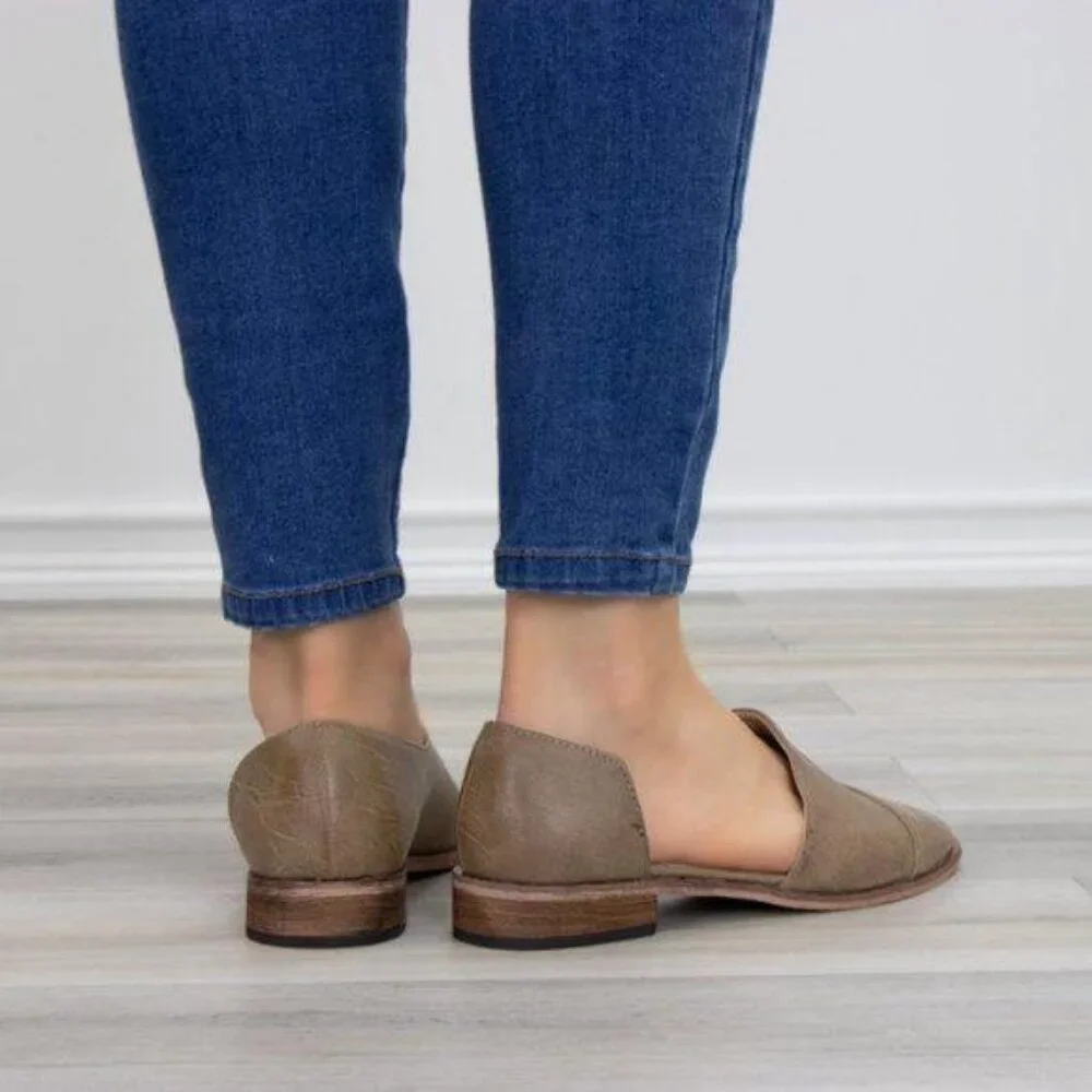 Tan Taupe Opened Side Pointy Slip On Flat Loafer - Picture 5 of 7